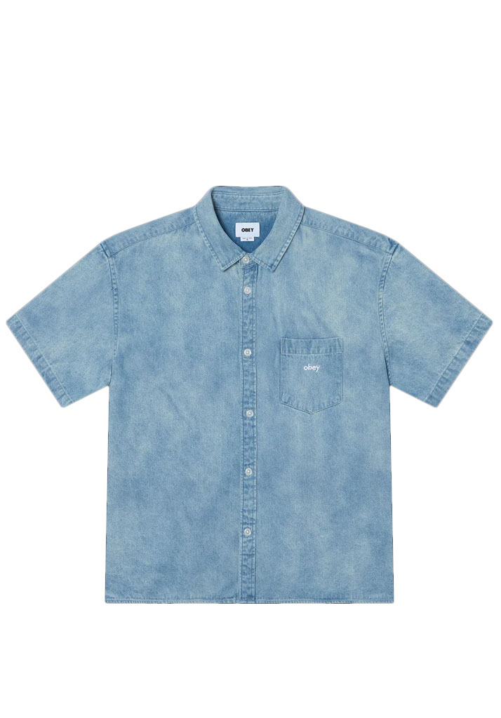 CAMICIA MANICHE CORTE OBEY OWENS DENIM SHIRT BLEACHED INDIGO L (Size L)
